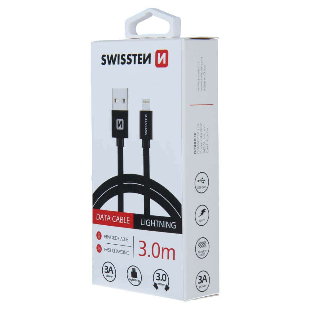 Textilný dátový kábel Swissten USB / LIGHTNING 3,0 M  - čierny